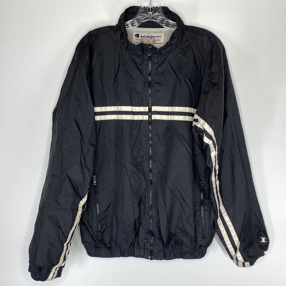 Vintage Champion Black Collared Full Zip Mesh Windbreaker Jacket Size Medium